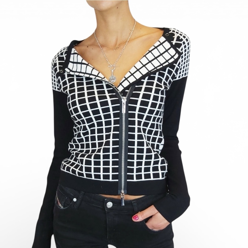 KAREN MILLEN Windowpane Knit Zip Front Cardigan